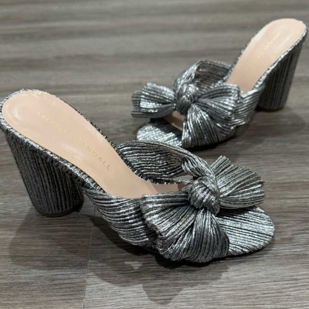 Loeffler Randall Penny Dark Silver Pleated Bow Fabric Sandal Heel Mules